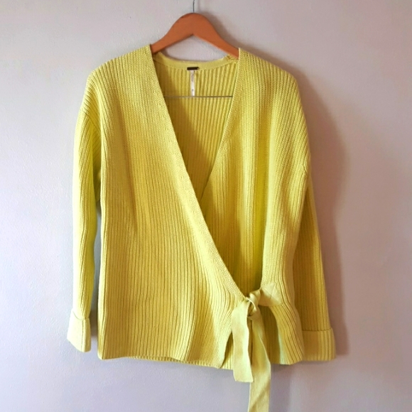 Free People Sweaters - Free People neon yellow tie wrap knit sweater